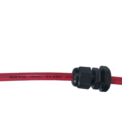 A close-up of a red electrical wire with a black threaded connector, showing printed text 'ROYU 14AWG #6 AWG STR'.