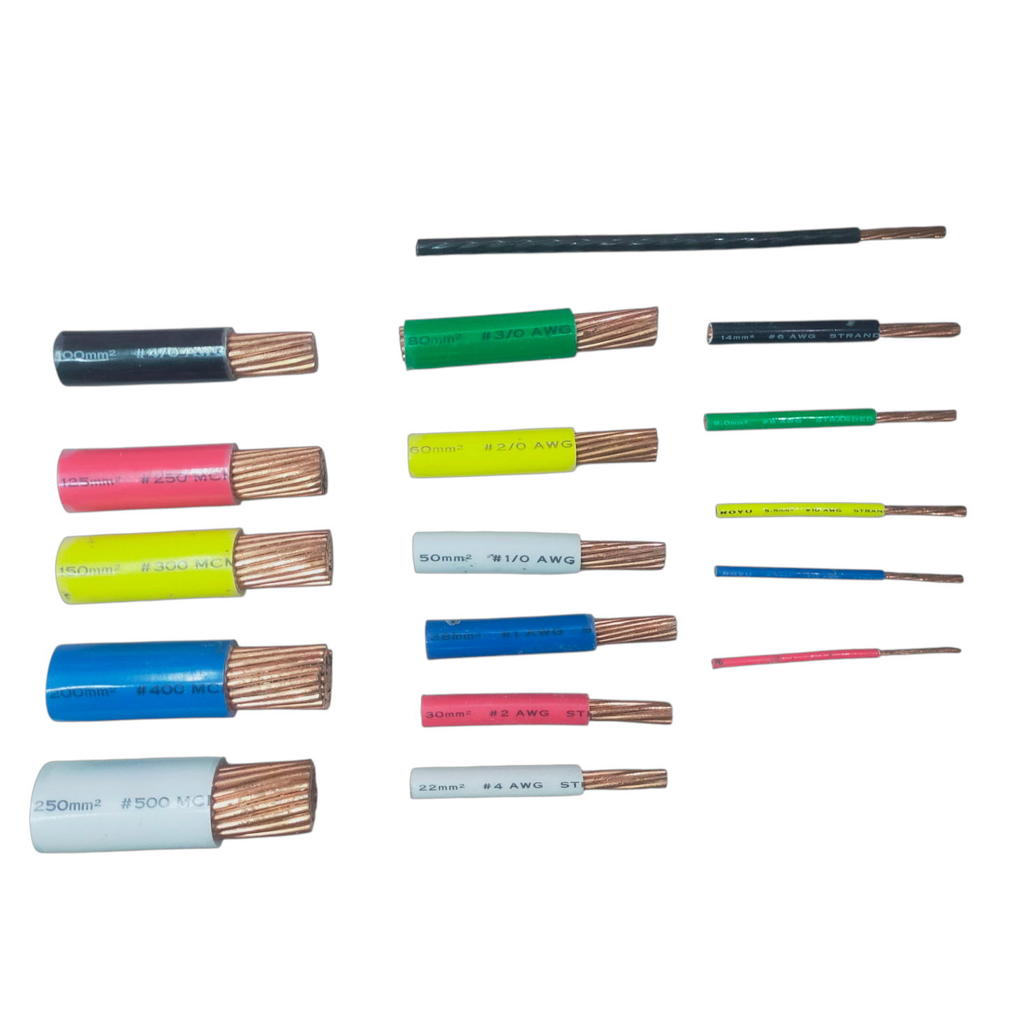 A collection of multi-core electrical cables and wires displayed on a plain white background, showing various colors of the outer insulation and copper-colored wire ends.