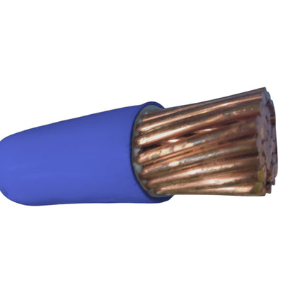 Cable with blue insulation and copper core on a white background
