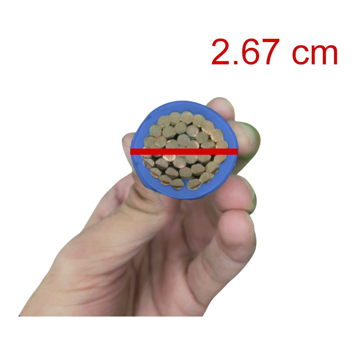 A hand holding a cross-section of a blue cable with exposed copper wires, with a red measurement line across the center and red text reading '2.67 cm' on a white background.
