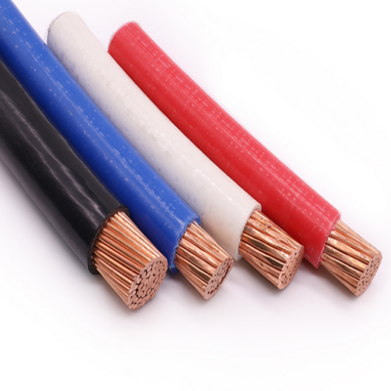 Four rolls of electrical wire in blue, black, white, and red on a white background