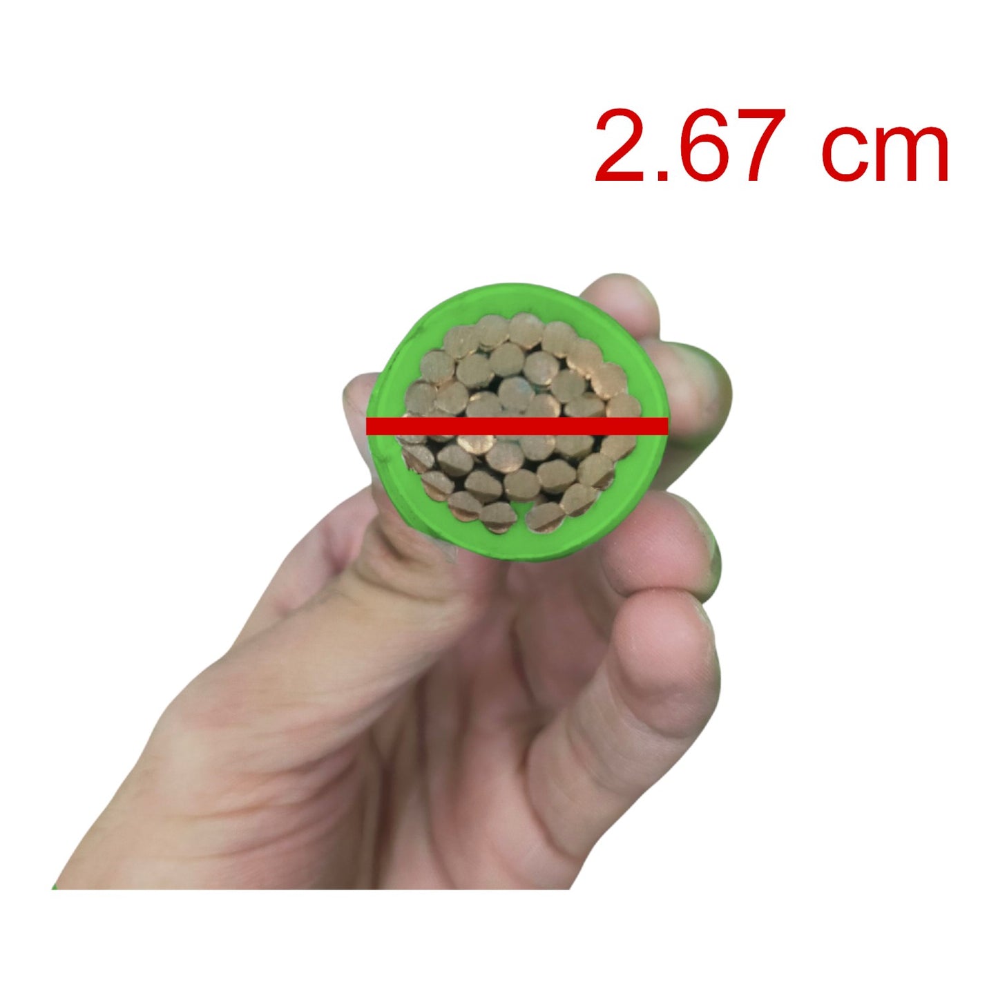 A hand holding a round cross-section of a cable showing its internal structure, with a red measurement line across the center and red text reading '2.67 cm' on a white background.