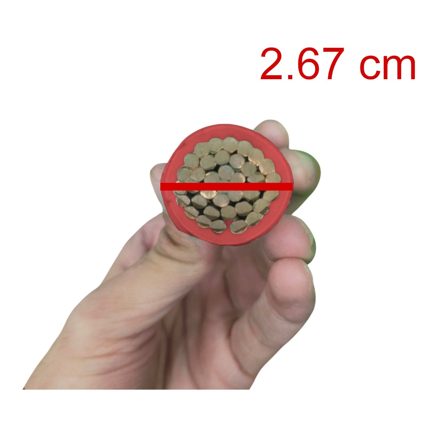 Hand holding a cylindrical object with red measurement label '2.67 cm' on a white background