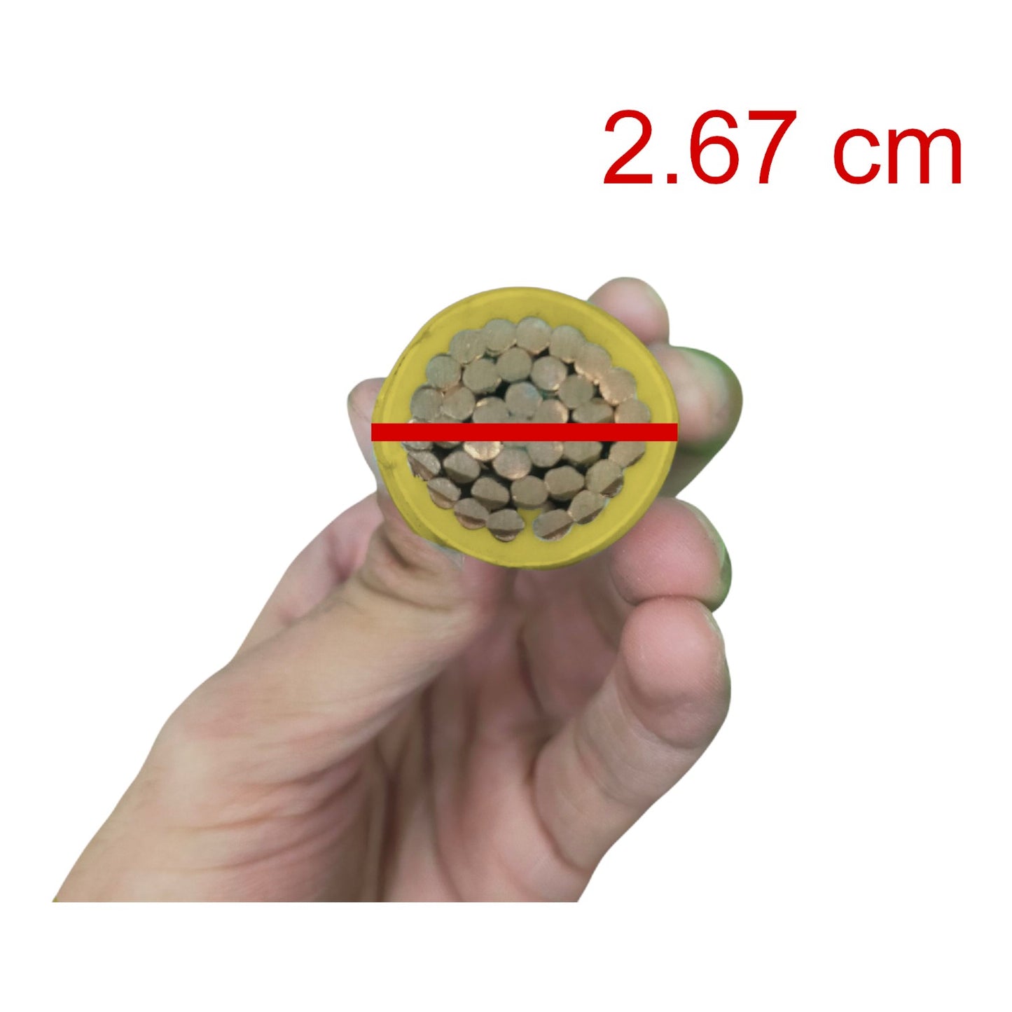 A hand holding a yellow cable cross-section with a red measurement line across the center and red text reading '2.67 cm' on a white background.