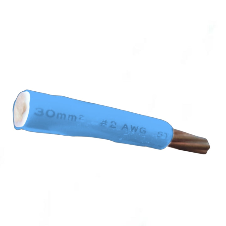 A single blue insulated electrical wire connector with a copper-colored exposed metal tip, featuring printed specifications '30mm2 #2 AWG' on a plain white background.