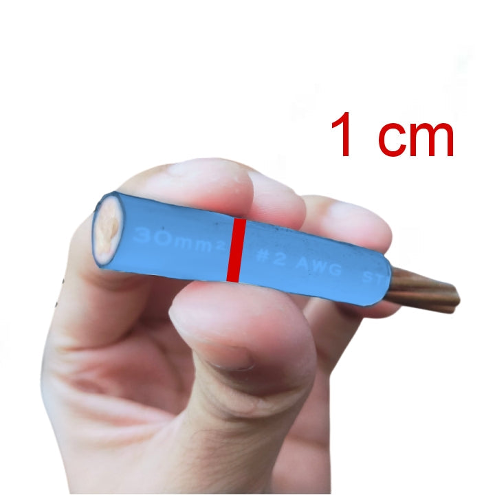 A hand holding a small blue insulated wire segment with a copper-colored exposed end, shown against a white background with red text reading '1 cm' and '30mm2' and '#2 AWG'.