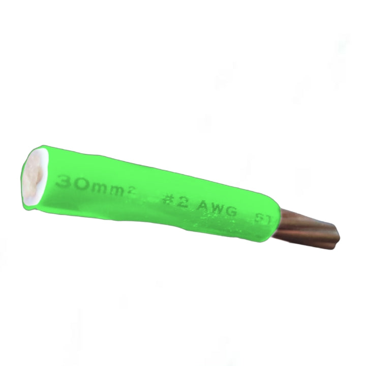 A single green insulated wire or cable end with printed text reading '30mm2 #2 AWG' and a copper-colored metal tip, shown on a plain white background.
