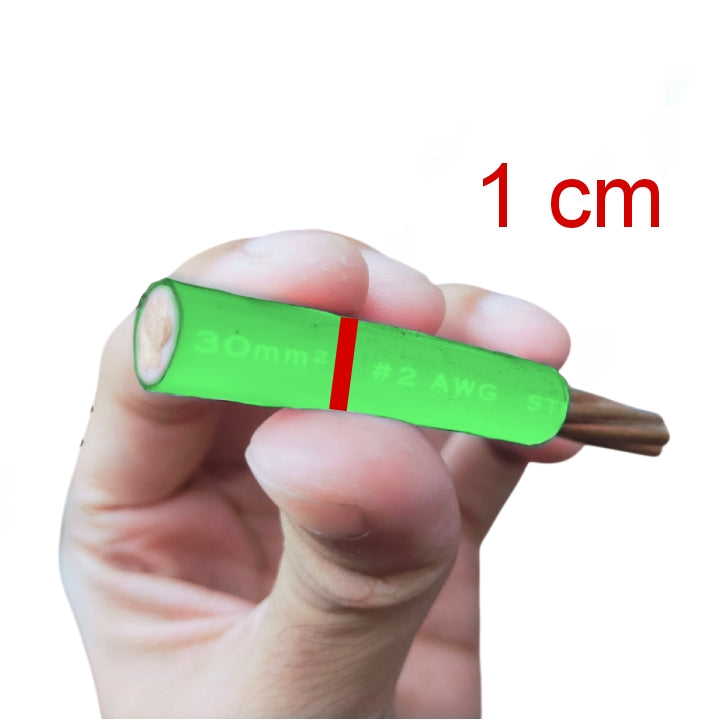 A hand holding a small green insulated wire segment with a copper-colored wire exposed at one end, shown against a white background with red text reading '1 cm' and '30mm² #2 AWG ST'.