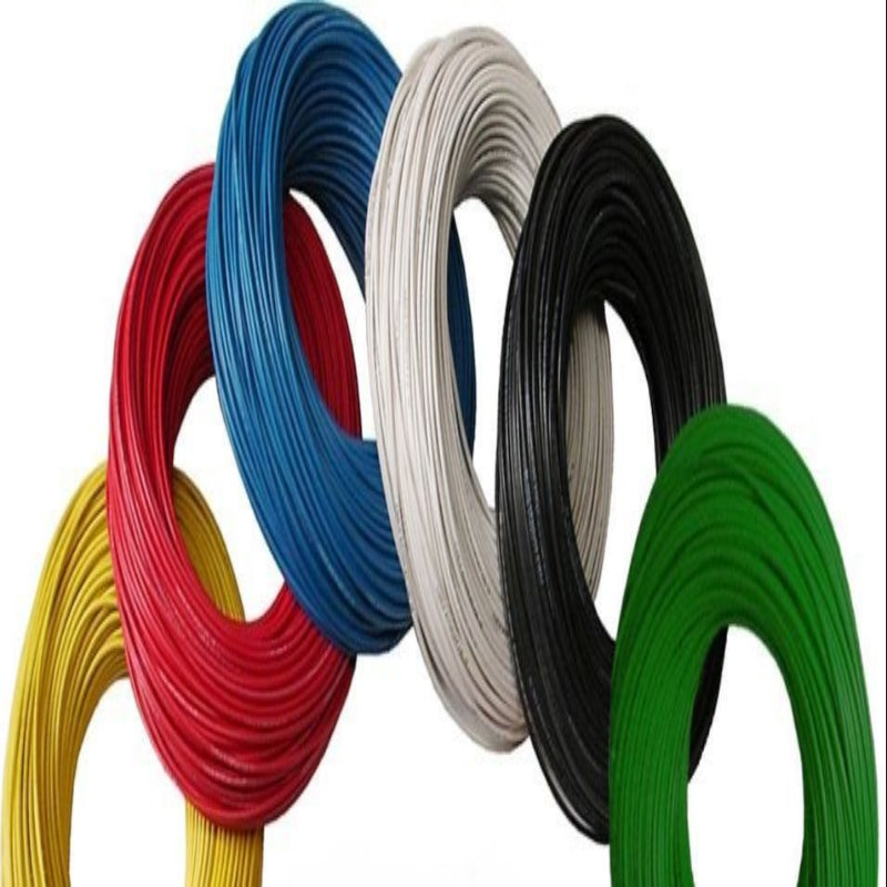 Set of colorful wires in red, blue, white, black, and green on a white background