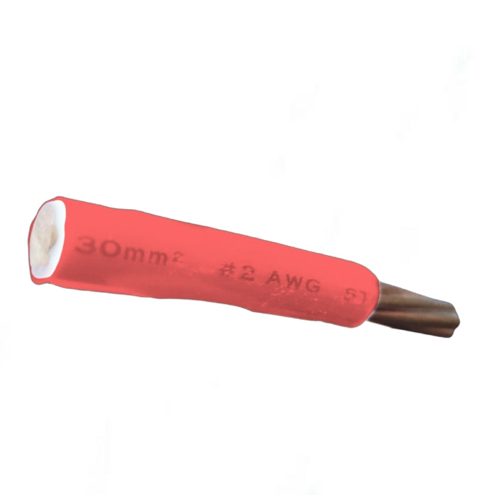 A red-handled flathead screwdriver with a dark metal tip, featuring printed specifications '30mm² #2 AWG' on the handle, shown against a plain white background.