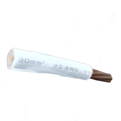 A single electrical wire butt connector with a white insulating sleeve printed with '30mm2 #2 AWG S1' and a copper-colored exposed tip, shown on a plain white background.
