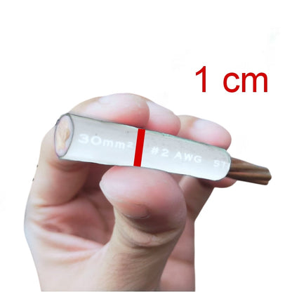 A hand holding a small copper wire strip labeled '30mm² #2 AWG ST' with a red center line and '1 cm' text above, on a white background.
