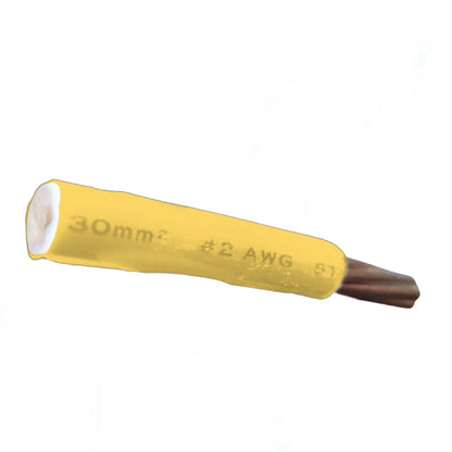 A yellow insulated soldering tip with a copper-colored metal contact point, featuring printed specifications '30mm2 #2 AWG' on a plain white background.