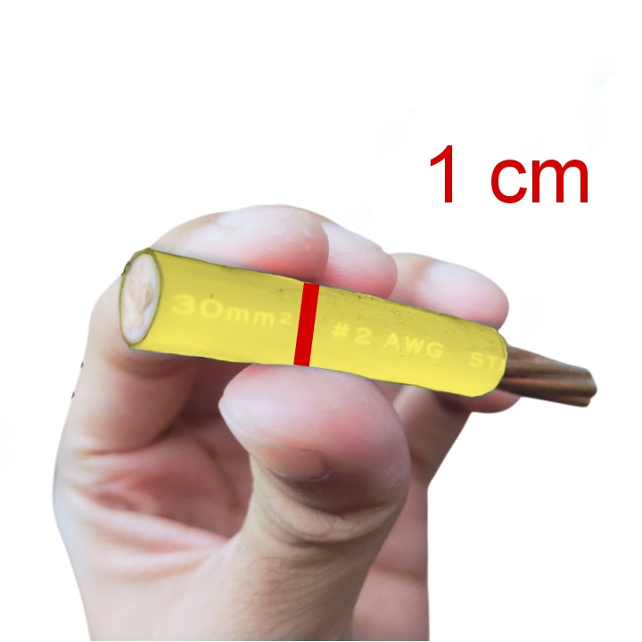A hand holding a small yellow metal wire gauge tool with red measurement markings and a brown wire tip, shown against a white background with red text reading '1 cm'.