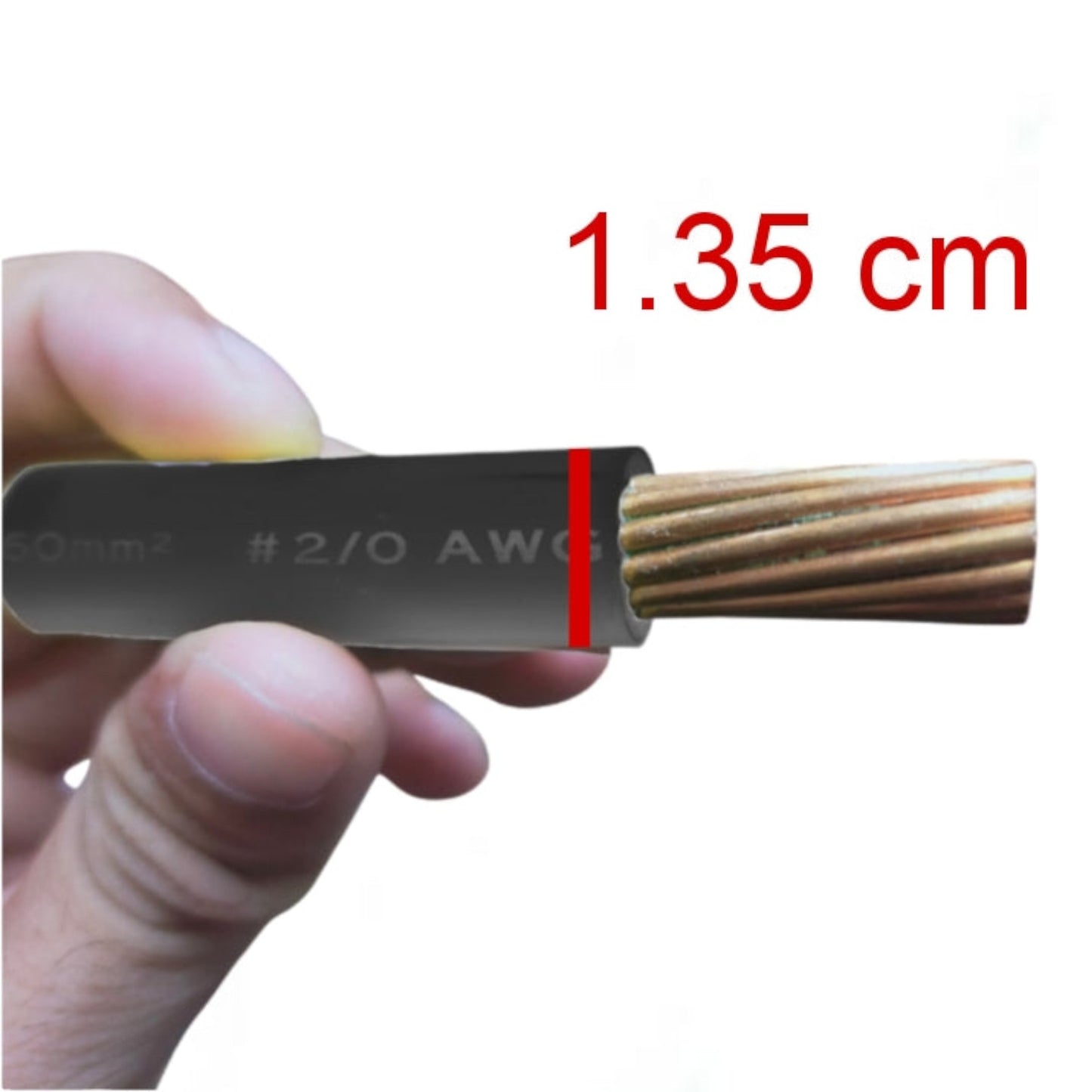 A hand holding a black cable sleeve with exposed copper wire strands, shown next to red text reading '1.35 cm' on a white background.