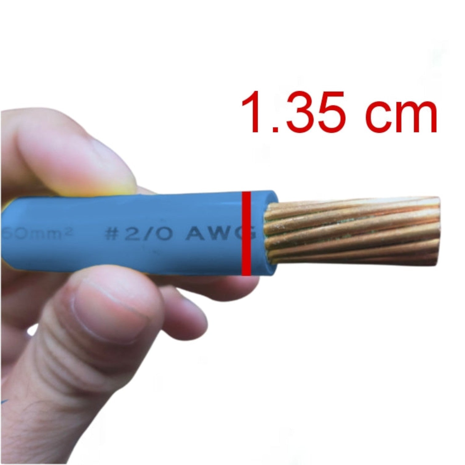 A hand holding a blue electrical wire cable with exposed copper strands, featuring a red measurement overlay indicating 1.35 cm.