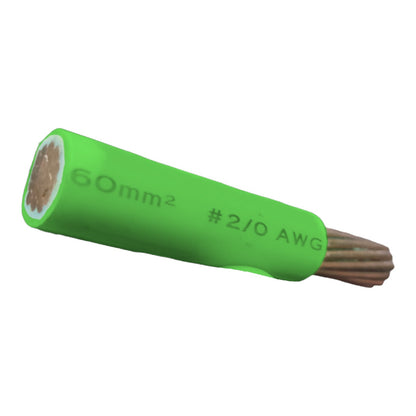 A single green electrical cable end with exposed brown copper wires, printed with '60mm2 #2/0 AWG' on a plain white background.