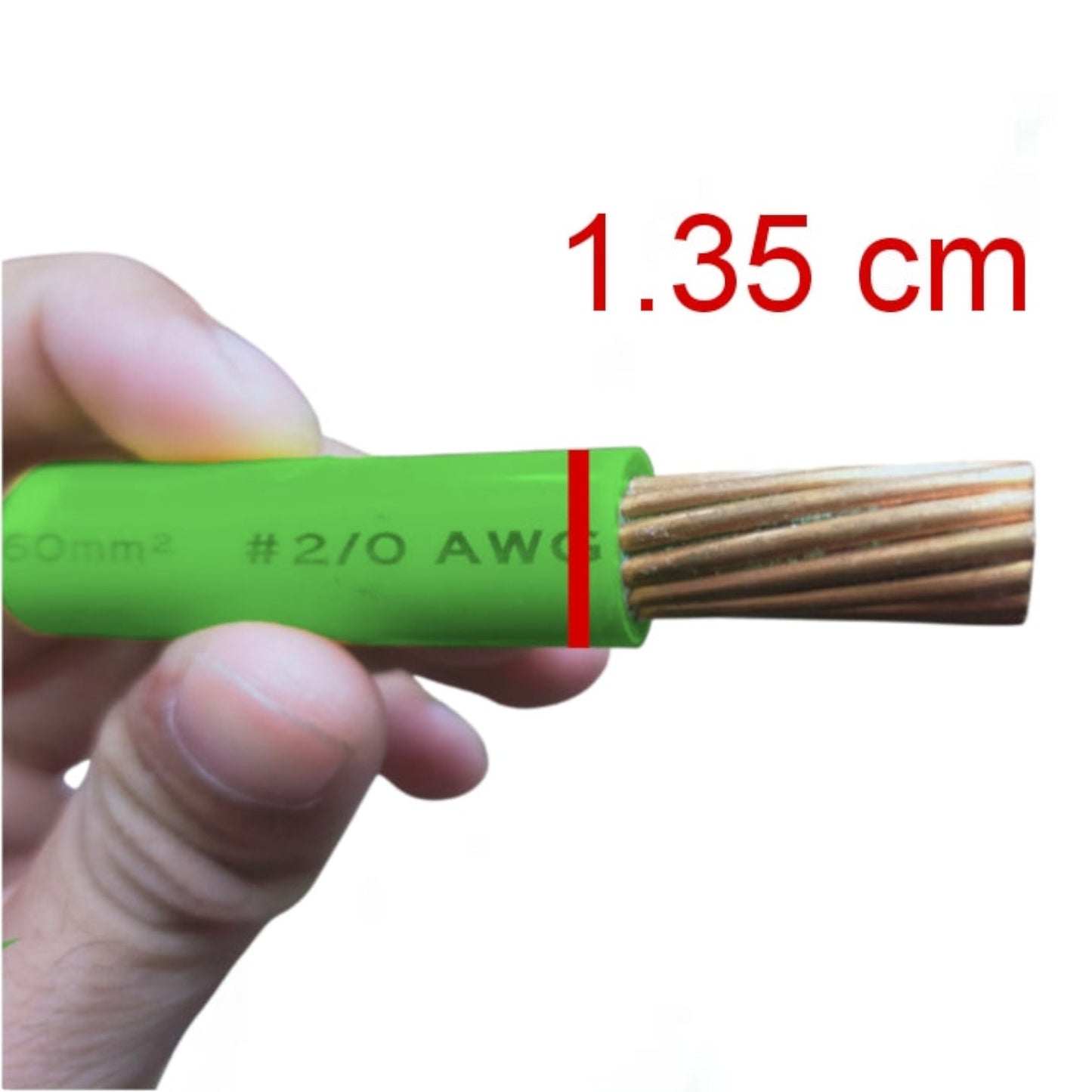 A hand holding a green cable with exposed copper strands, with red text reading '1.35 cm' on a white background.