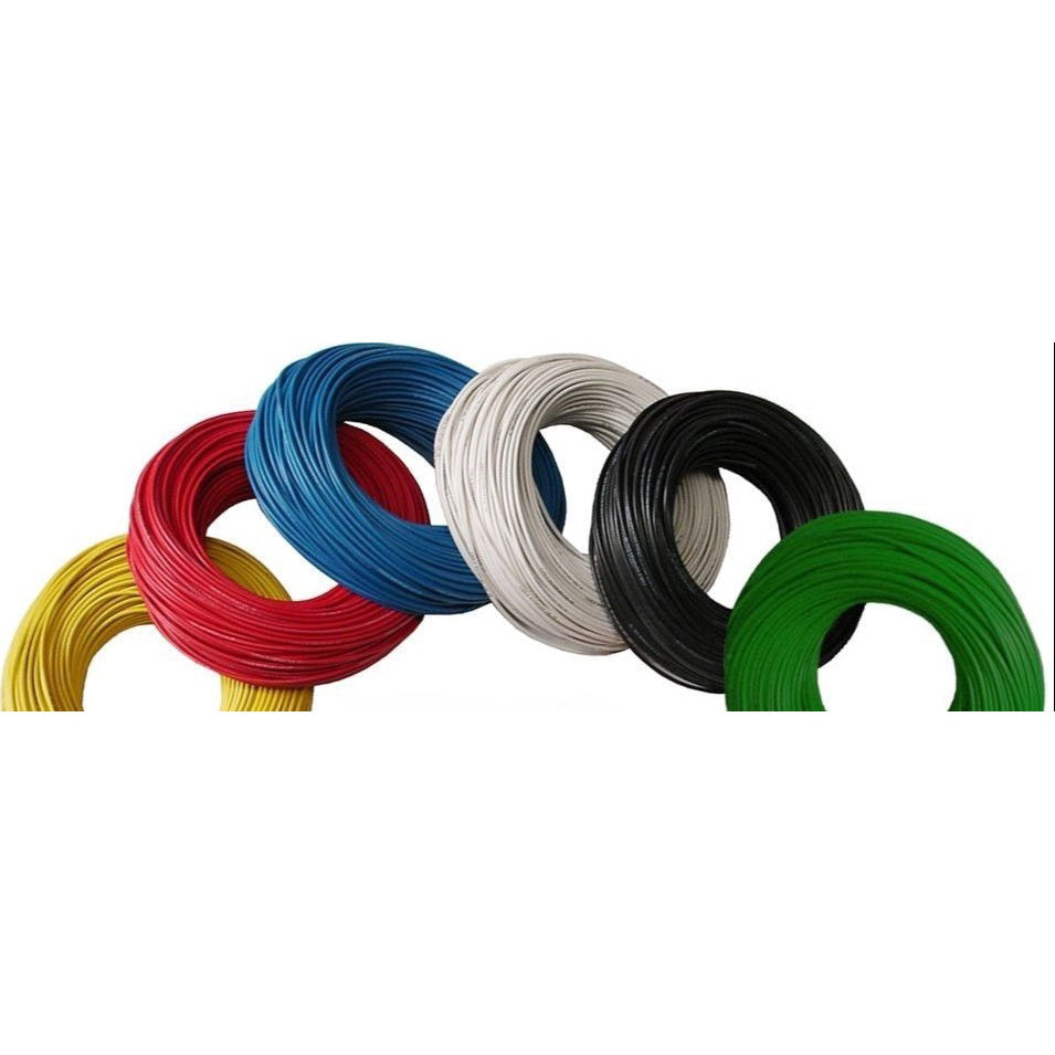 Six coiled strands of thick electrical wire in yellow, red, blue, white, black, and green, arranged in a fan shape against a plain white background.
