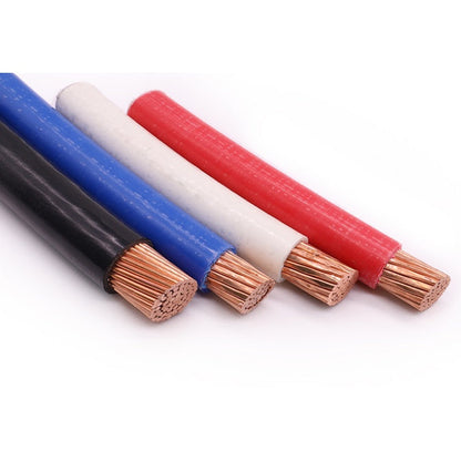 Four multi-core electrical cables in black, blue, white, and red, shown with their copper-colored wire ends exposed on a white background.