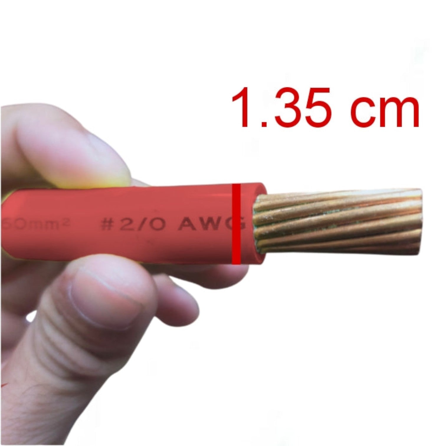 A hand holding a red electrical wire cable with exposed copper strands, with red text overlay reading '1.35 cm' on a white background.