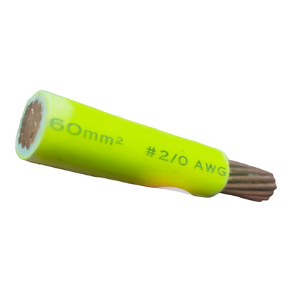 A single electrical cable end with a bright neon yellow-green sheath, showing the brown copper core and strands, with printed specifications '60mm2 #2/0 AWG' on a plain white background.