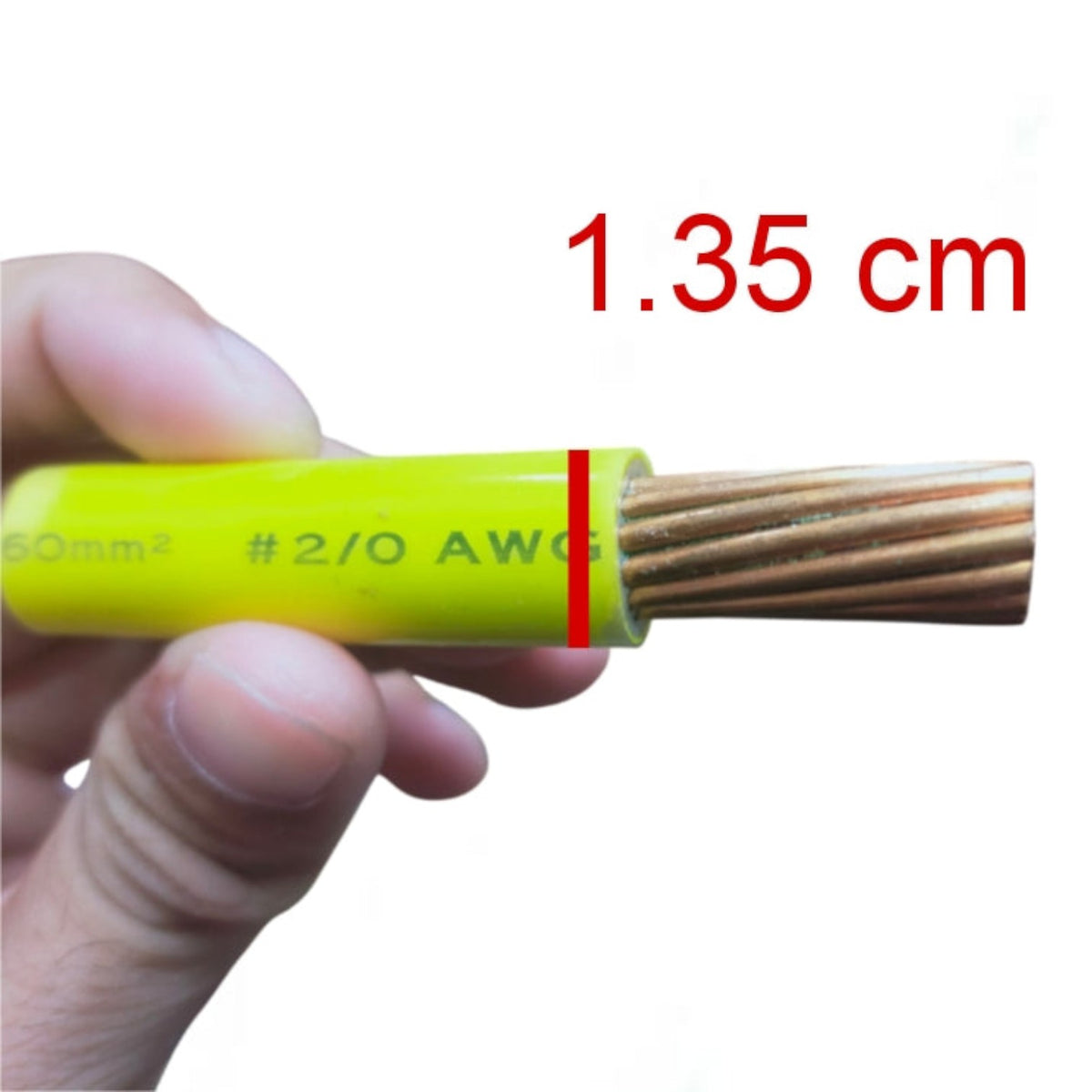 A hand holding a yellow cable with exposed copper wire ends, annotated with a red vertical line and red text reading '1.35 cm' on a white background.