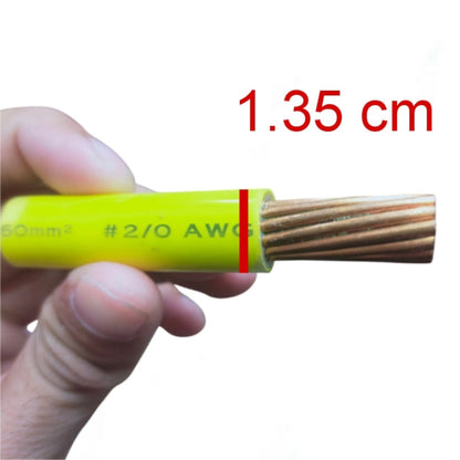 A hand holding a yellow cable with exposed copper wire ends, annotated with a red vertical line and red text reading '1.35 cm' on a white background.