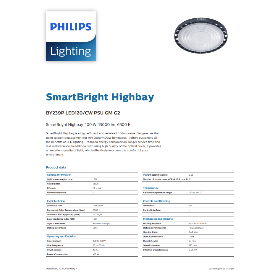 Philips 100W LED High Bay Light with Efficient Design for Industrial and Commercial Spaces