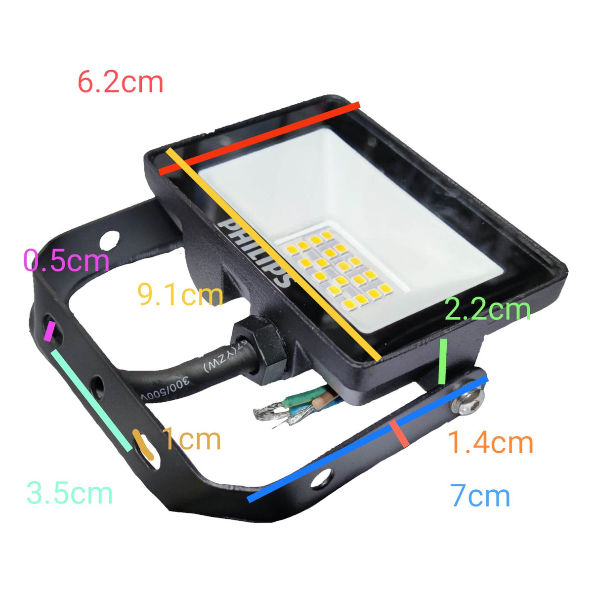 LED flood light with dimensions labeled on a white background