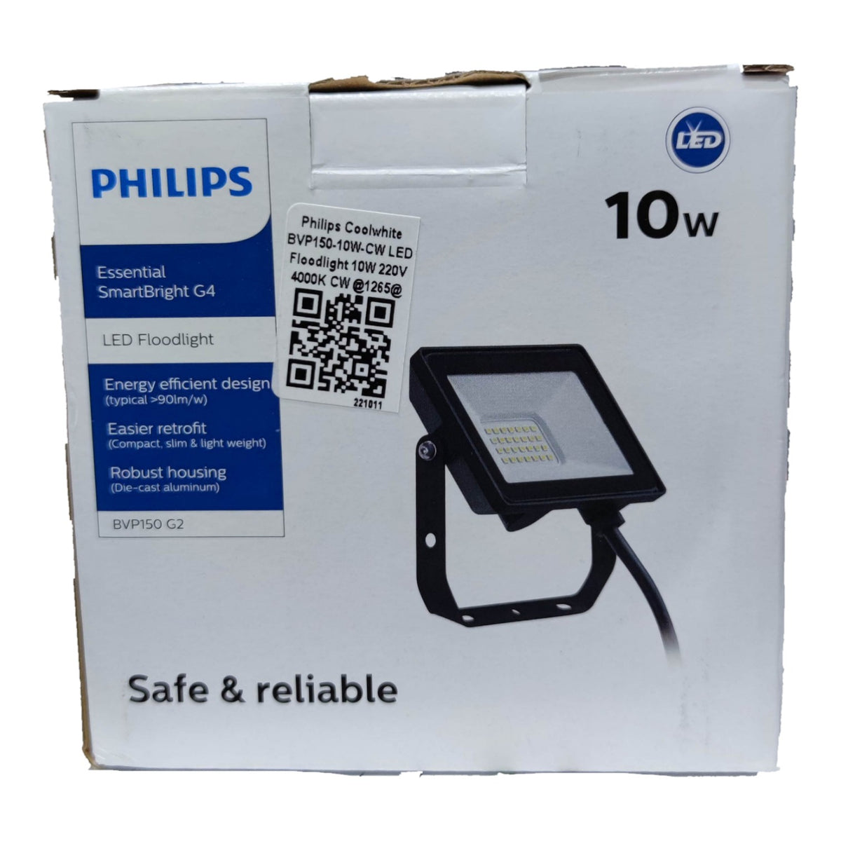 Philips LED floodlight packaging on a white background