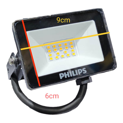 Philips LED flood light with dimensions labeled on a white background