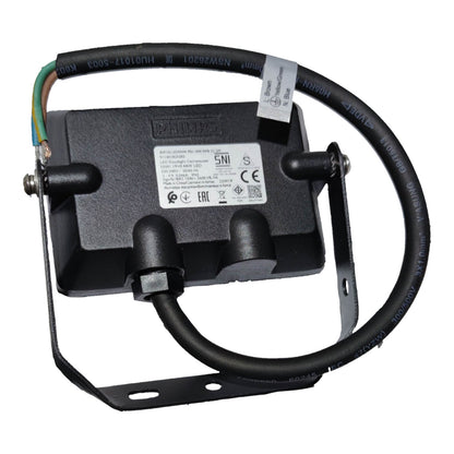 Black electrical component with wiring on a white background