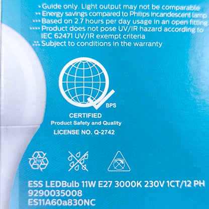 Philips 11W LED bulb E27 220V with energy savings and UV/IR safety certification