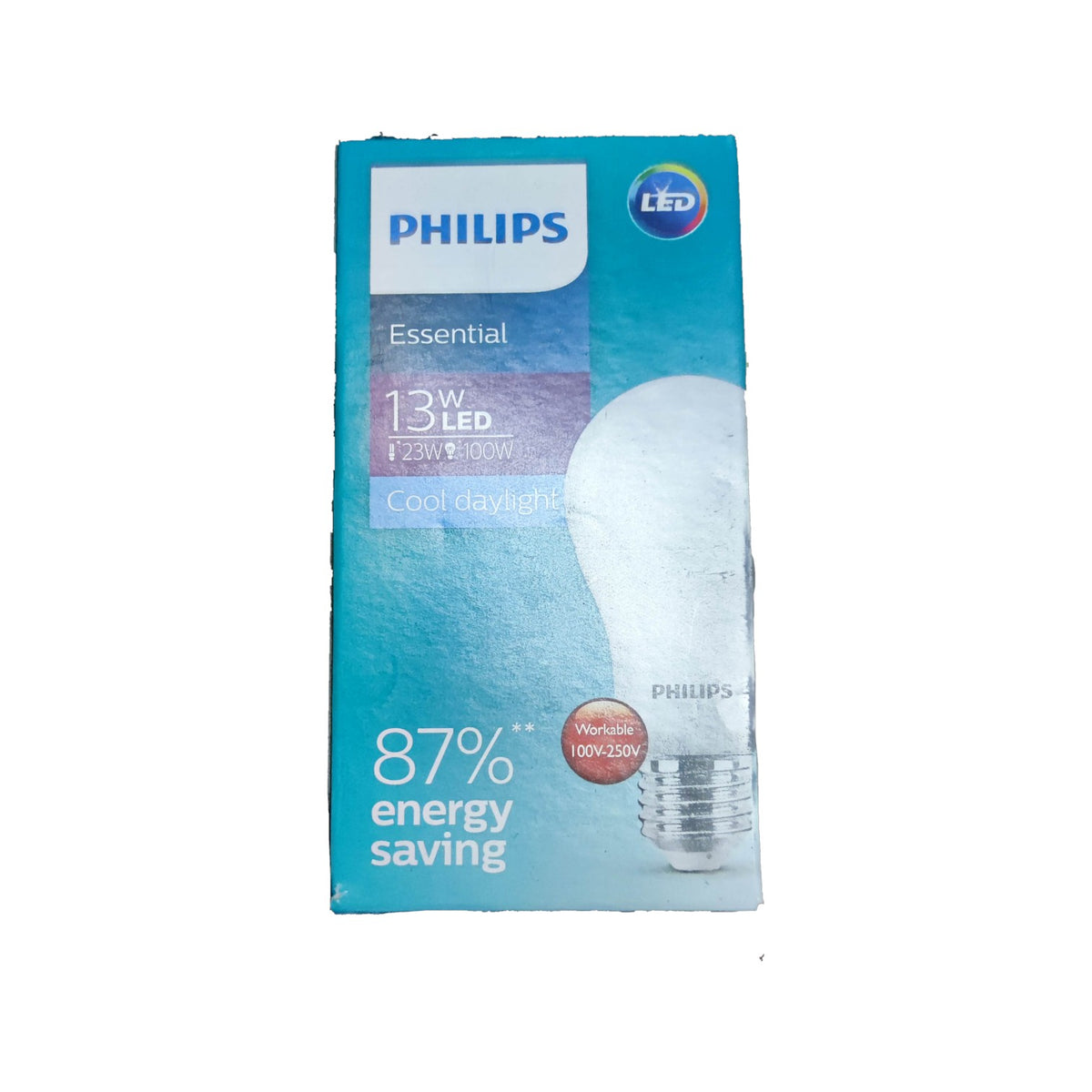 Philips 13W LED bulb daylight 6500K 220V packed in a blue box highlighting energy savings