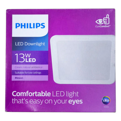Philips LED Downlight packaging with purple background and product details.