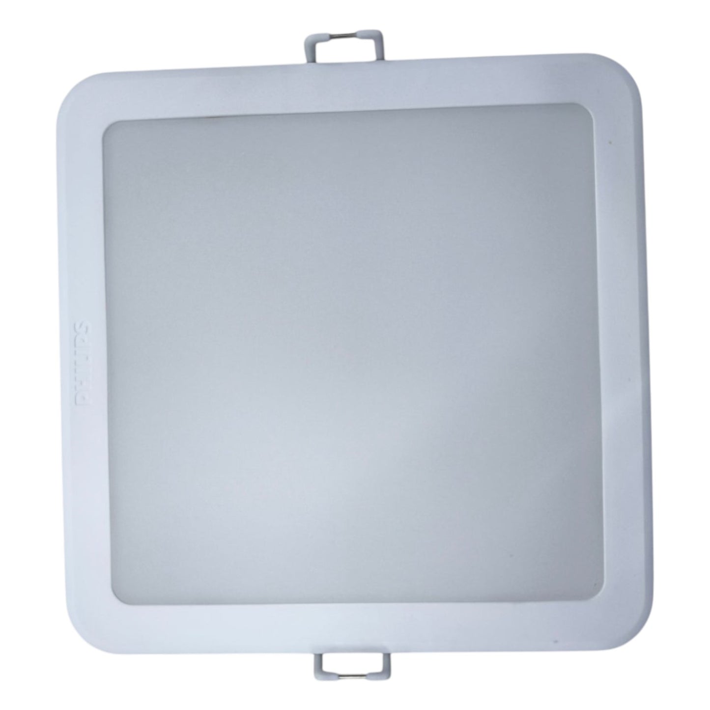Square light fixture with a white frame on a white background