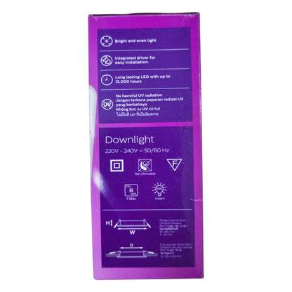 Purple packaging with text and icons on a white background