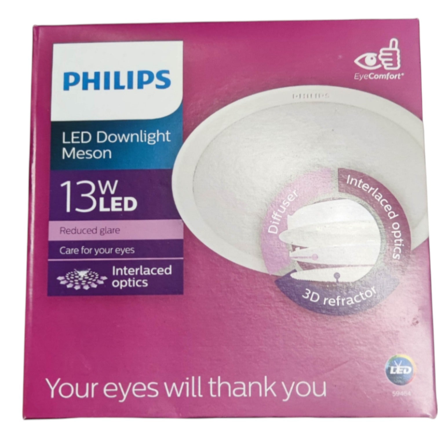 Philips LED Downlight Meson packaging with purple background