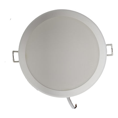 Round white light fixture on a white background