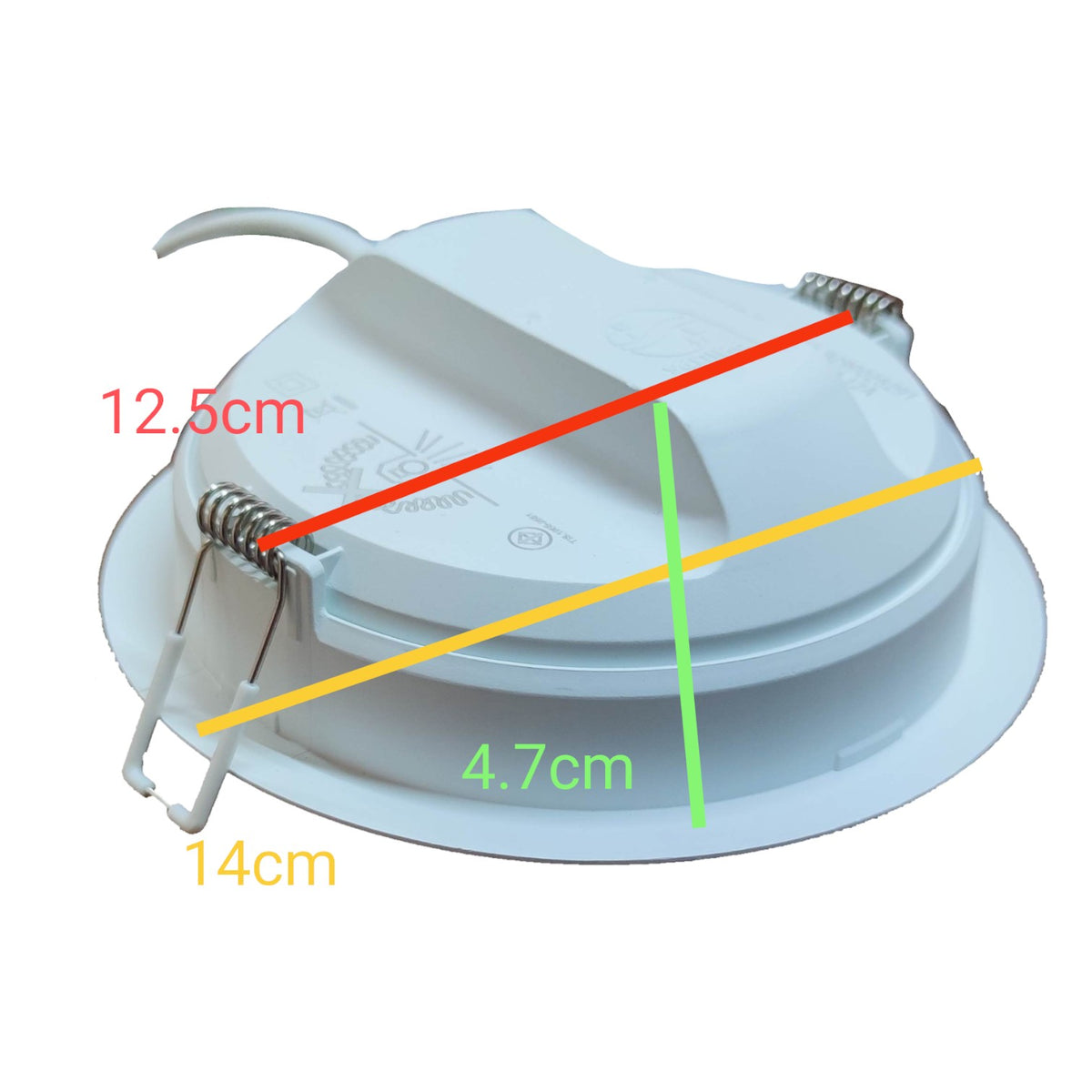 Measurement chart of a white light fixture with labeled dimensions on a white background