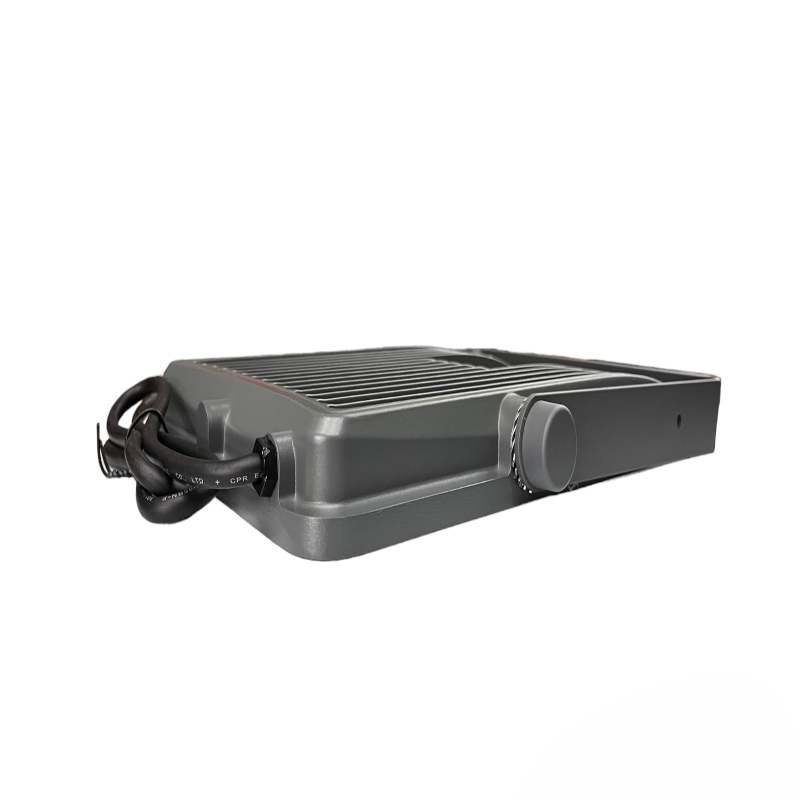 Gray electric grill with power cord on a white background