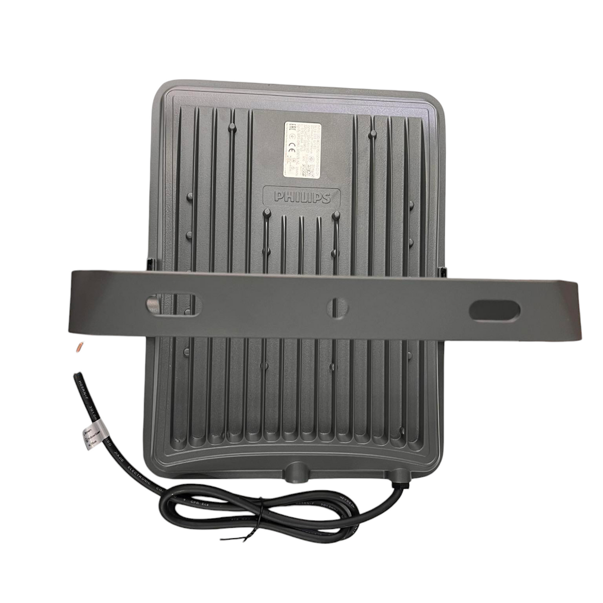 Black outdoor grill with power cord on a white background