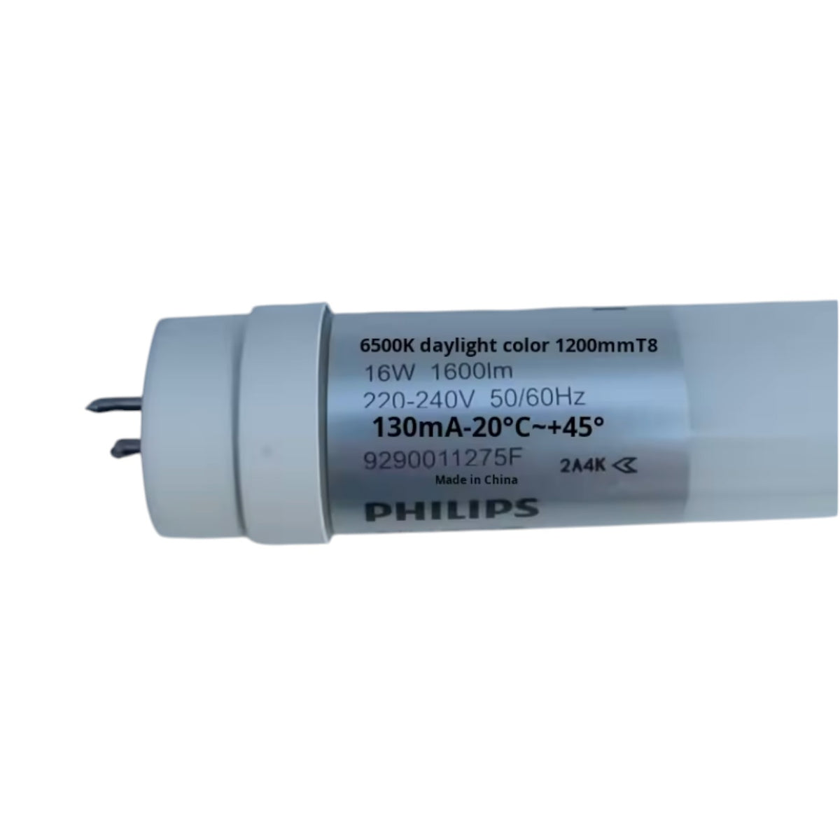 A Philips LED T8 tube light with a white cylindrical body, two metal pins on one end, and black printed specifications on a white background.