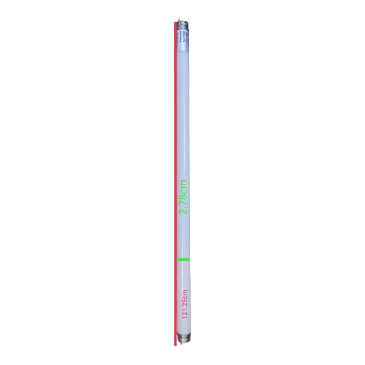 A single fluorescent light tube shown vertically on a plain white background, with printed dimensions in green and red text along the tube.
