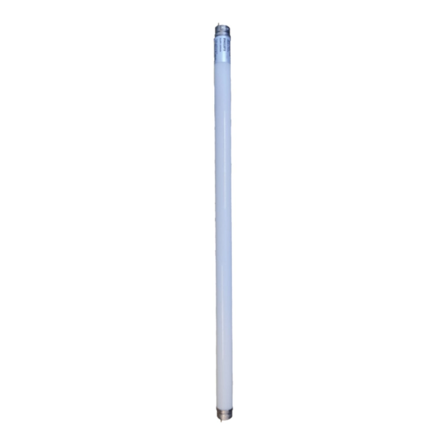 A single long cylindrical fluorescent light tube, vertically oriented, with silver metal caps at the top and bottom, isolated on a solid white background.