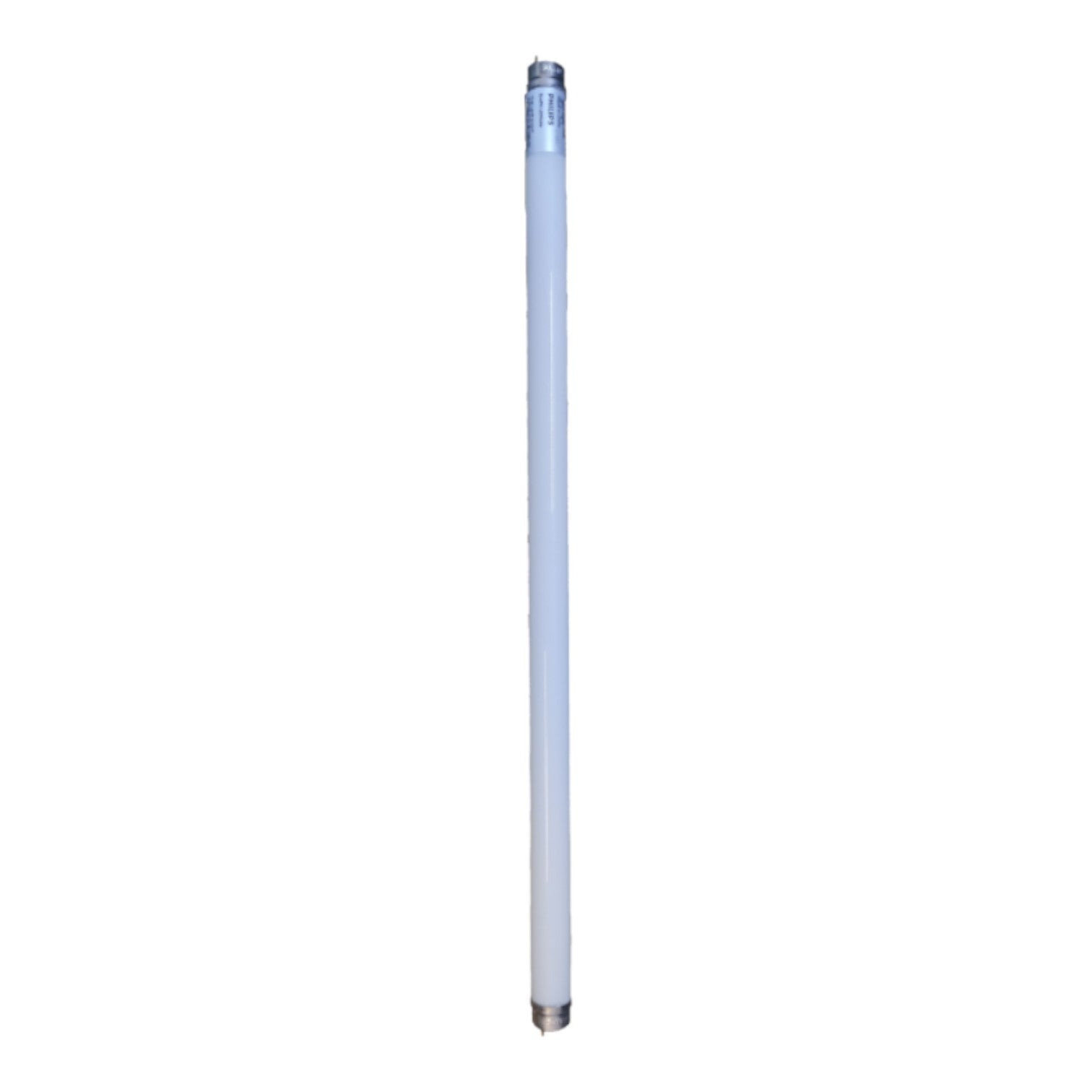 A single long cylindrical fluorescent light tube, vertically oriented, with silver metal caps at the top and bottom, isolated on a solid white background.