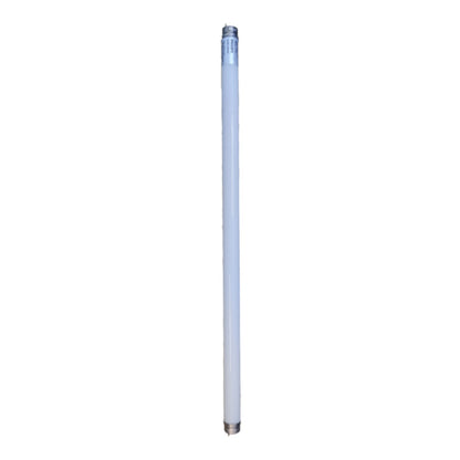 A single long cylindrical fluorescent light tube, vertically oriented, with silver metal caps at the top and bottom, isolated on a solid white background.
