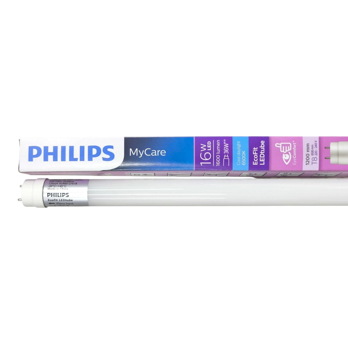 A Philips MyCare LED tube light shown horizontally with its blue and purple retail packaging box on a plain white background.