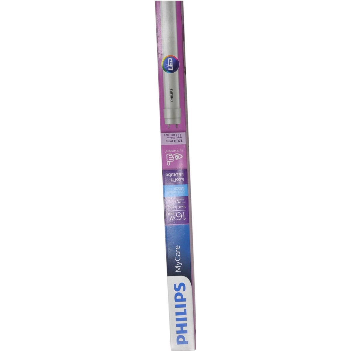 A Philips LED tube light in its original retail packaging, featuring a purple and blue label with product details and the Philips logo.